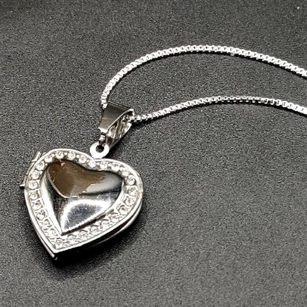 925 Silver Necklace w/ Heart Locket CZ Halo Women's Anniversary Valentines Gift